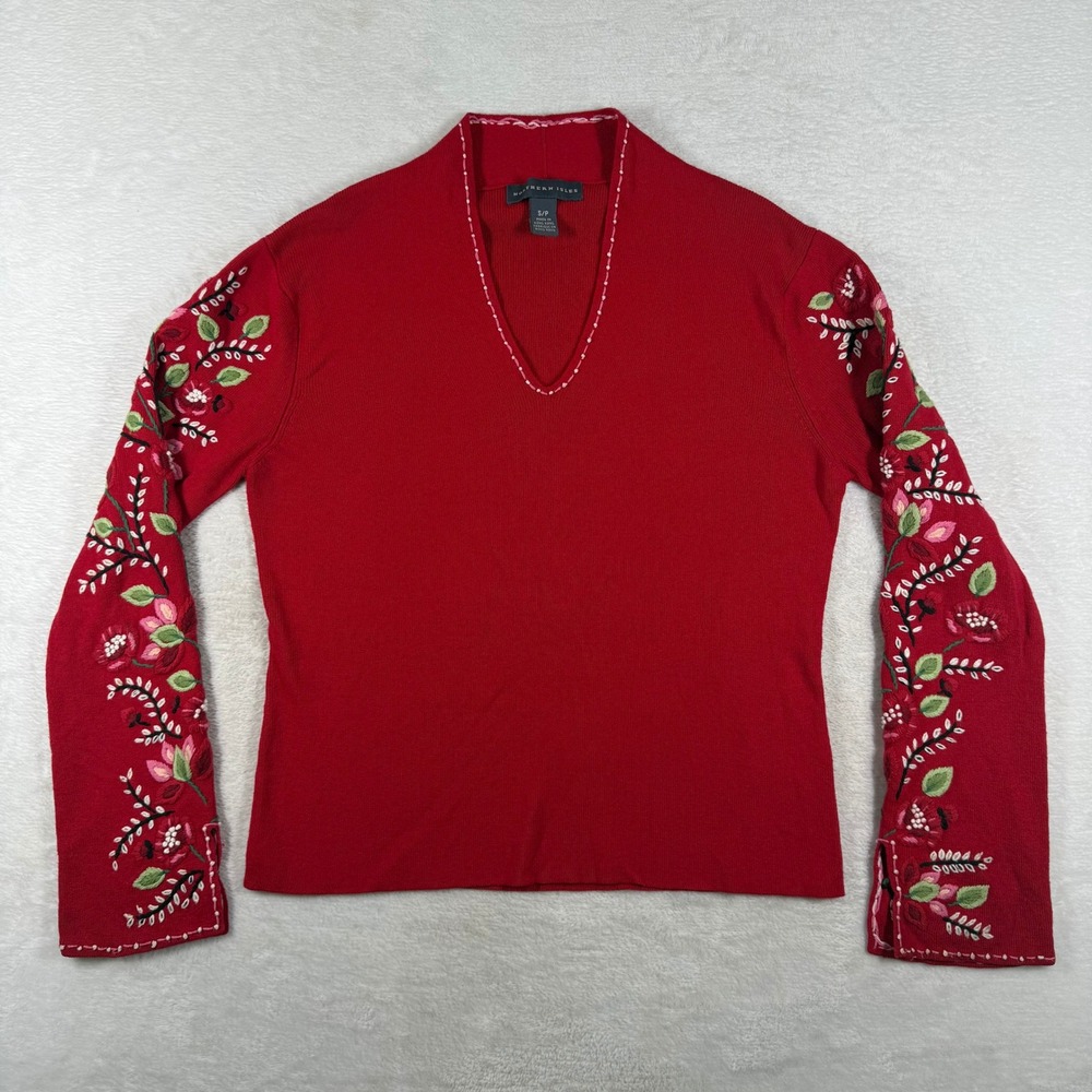 Northern Isles Ruby Red Floral Embroidered Ribbed V Neck Sweater Womens S
